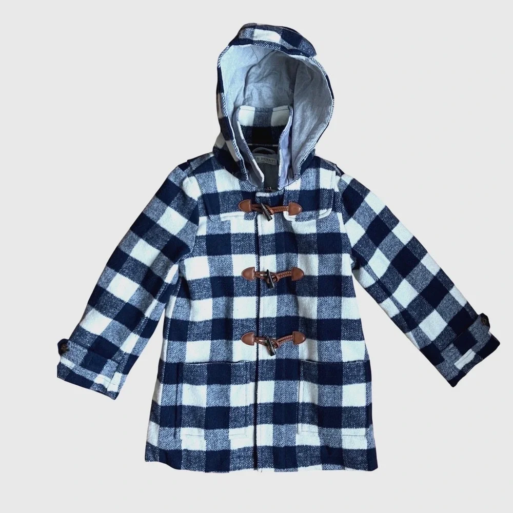 Hope & Henry Kids Plaid Toggle Coat Hooded Blue White Buffalo Plaid‎ Size Small